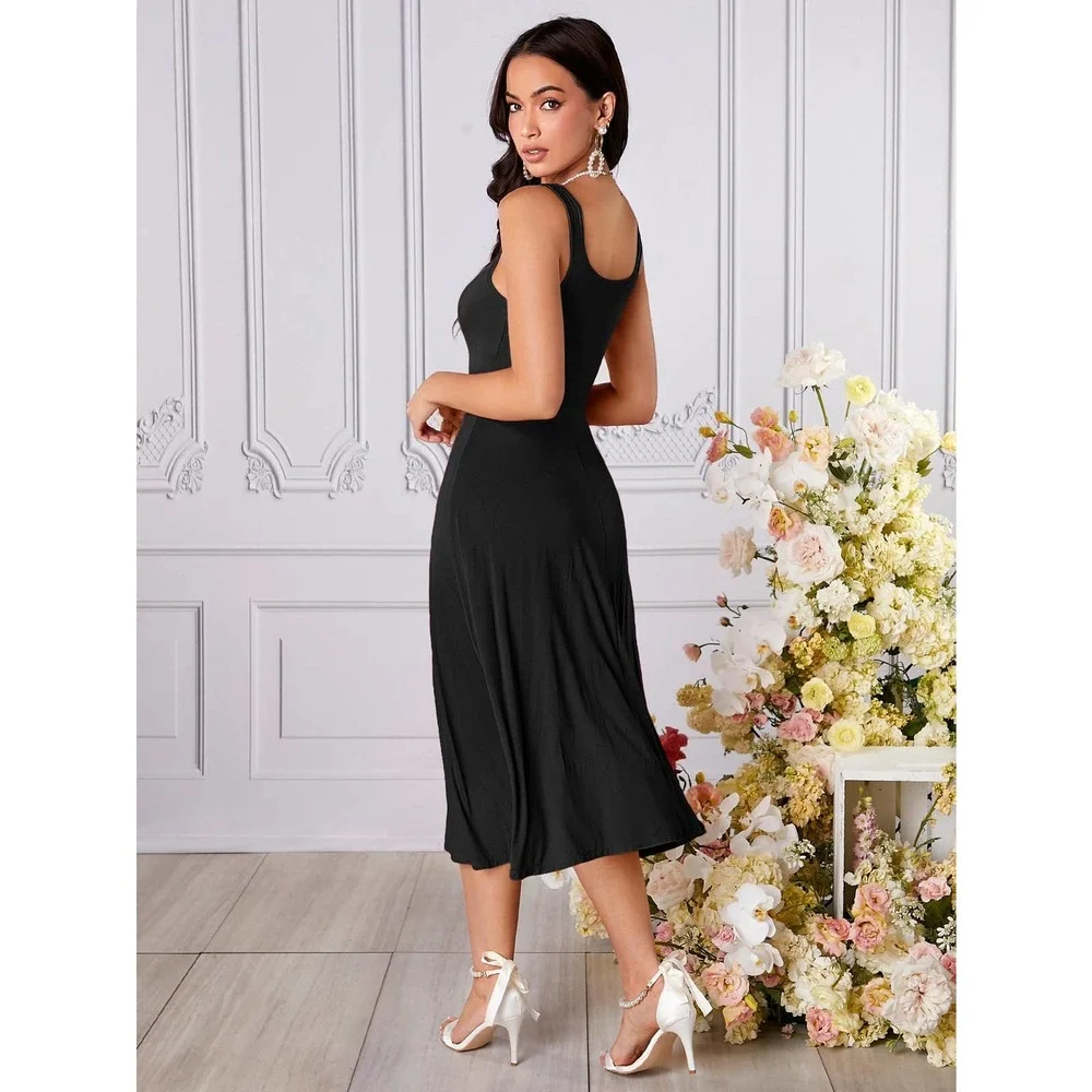 Square neck Sleeveless High Waist A line Dress black - Picture 3 of 8